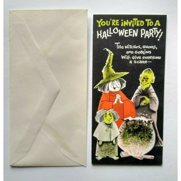 Halloween Greeting Card Vintage Party Invite Green Face Goblins Witch Cauldron - Picture 4 of 6
